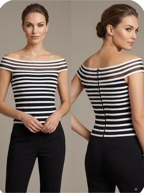 JS Collections Black and White Striped Off-the-Shoulder Crop Top